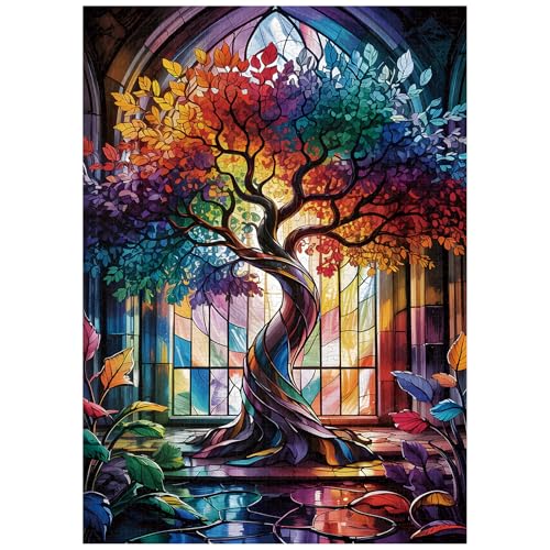 Artinhand Great Jigsaw Puzzles for Adults 1000 Pieces Stained Glass Tree of Life Wooden Challenging Puzzles Gift for Friends Family Home Decoration Puzzle - Image 1