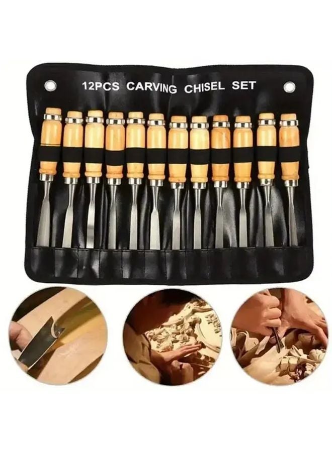 12pcs Wood Carving Hand Chisel Set Woodworking Lathe Gouges Carved Tools - Image 2