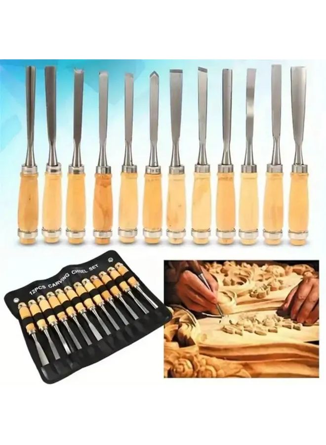 12pcs Wood Carving Hand Chisel Set Woodworking Lathe Gouges Carved Tools - Image 5