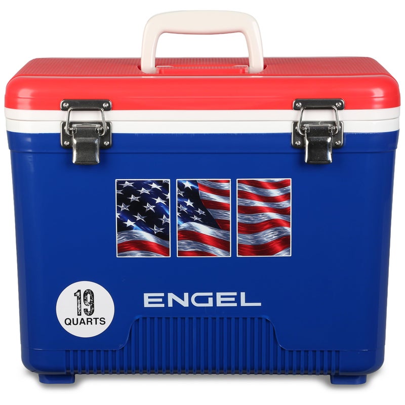 Engel UC19-RWB 19 Quart Fishing Live Bait Dry Box Ice Cooler with Stain/Odor-Resistant Surface and Shoulder Strap, USE Red, White and Blue with American Flag - Image 2