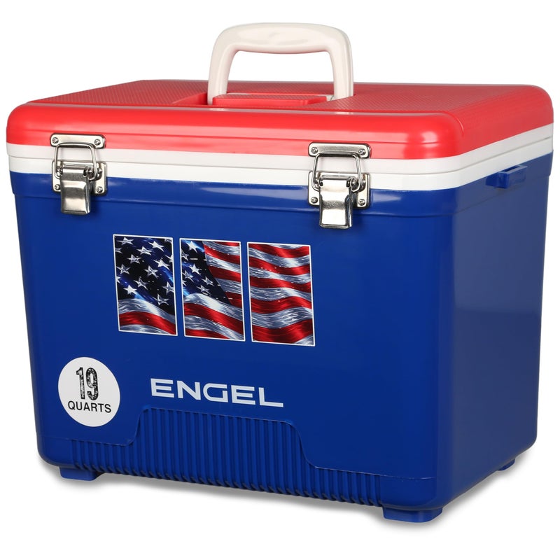 Engel UC19-RWB 19 Quart Fishing Live Bait Dry Box Ice Cooler with Stain/Odor-Resistant Surface and Shoulder Strap, USE Red, White and Blue with American Flag - Image 1