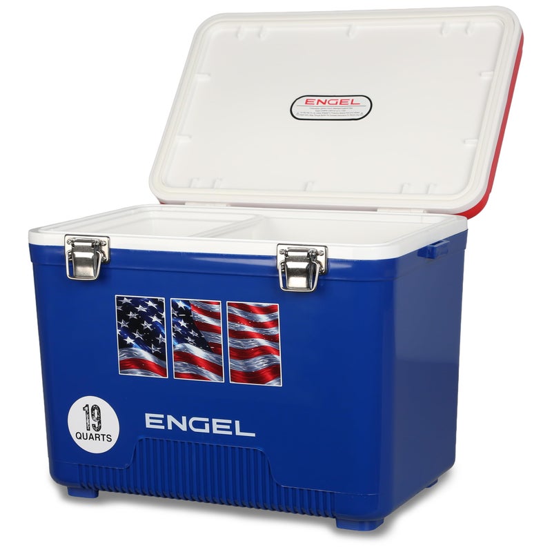 Engel UC19-RWB 19 Quart Fishing Live Bait Dry Box Ice Cooler with Stain/Odor-Resistant Surface and Shoulder Strap, USE Red, White and Blue with American Flag - Image 5