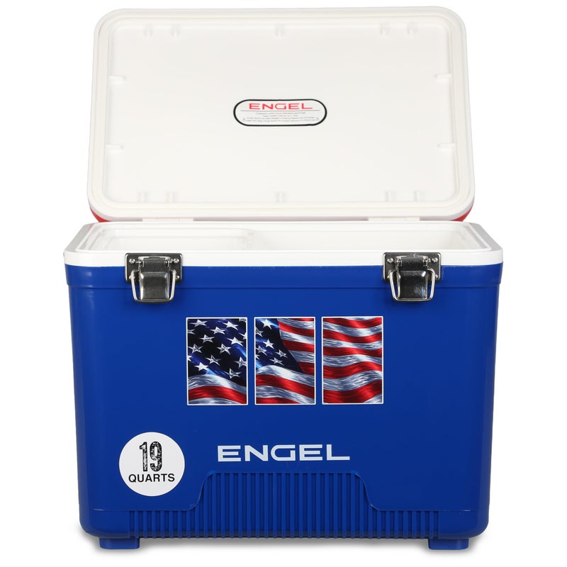 Engel UC19-RWB 19 Quart Fishing Live Bait Dry Box Ice Cooler with Stain/Odor-Resistant Surface and Shoulder Strap, USE Red, White and Blue with American Flag - Image 4
