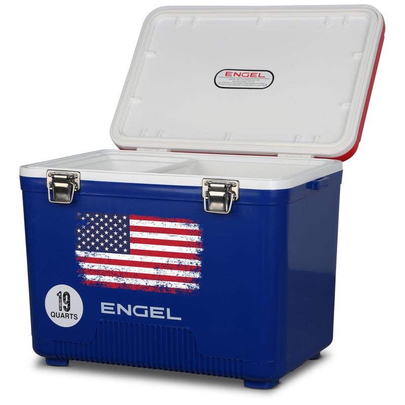 Engel UC19-RWB 19 Quart Fishing Live Bait Dry Box Ice Cooler with Stain/Odor-Resistant Surface and Shoulder Strap, USE Red, White and Blue with American Flag - Image 3