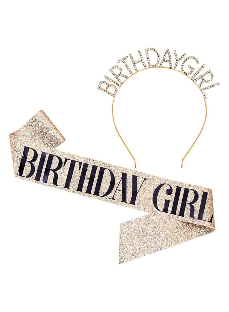 MARGOUN Birthday Girl Sash and Rhinestone Diamond Headband Set Girls Women Birthday Decoration Party Supplies Gold - Image 1