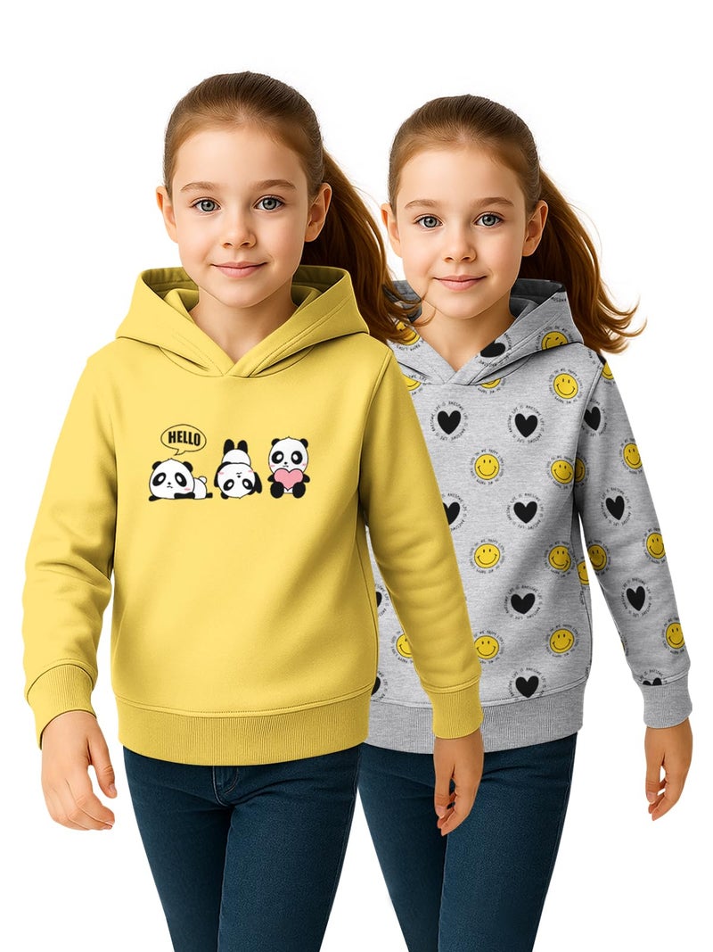 HELLCAT Trendy Cotton Blend Hoodie Sweatshirt for Girls - Pack of 2_Yellow, Grey Melange_3-4Years - Image 1