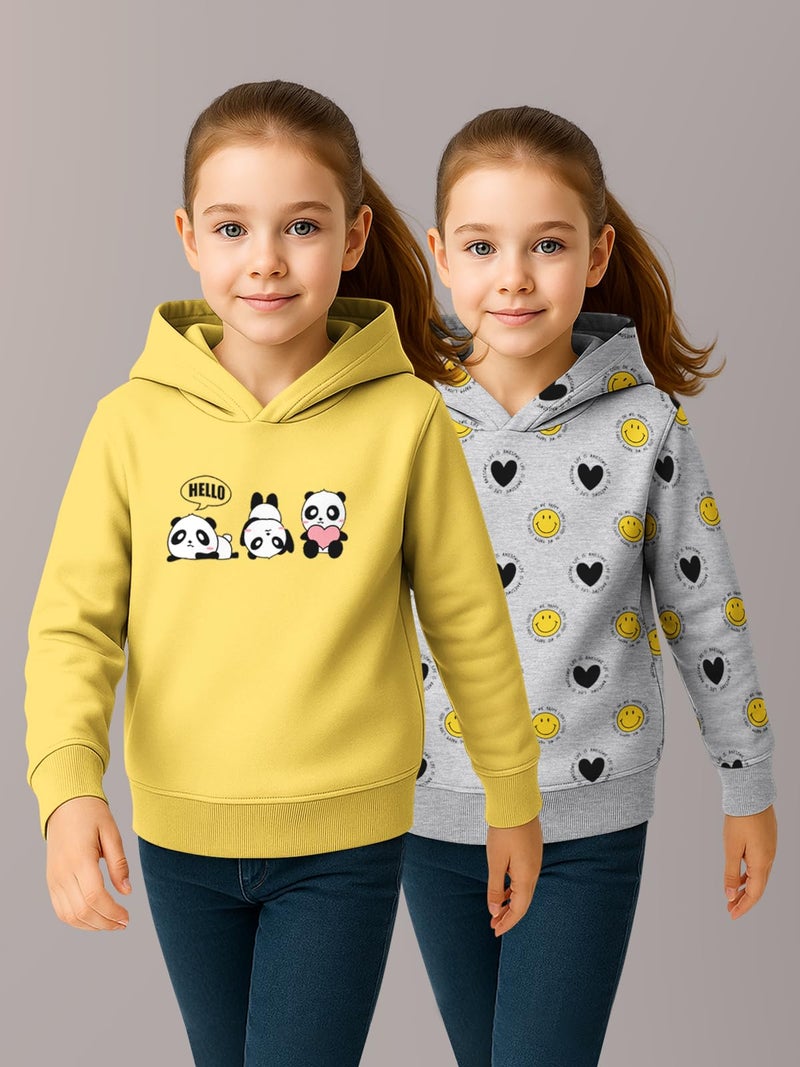 HELLCAT Trendy Cotton Blend Hoodie Sweatshirt for Girls - Pack of 2_Yellow, Grey Melange_3-4Years - Image 2