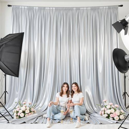 PARTISKY 10x10ft Silver Glitter Backdrop Curtain for Parties, Wrinkle Free Satin Photo Backdrop Drapes 2 Panels 5x10FT Shimmer Back Drop Cloth for Wedding Birthday New Year Stage Photography Background Decor - Image 4