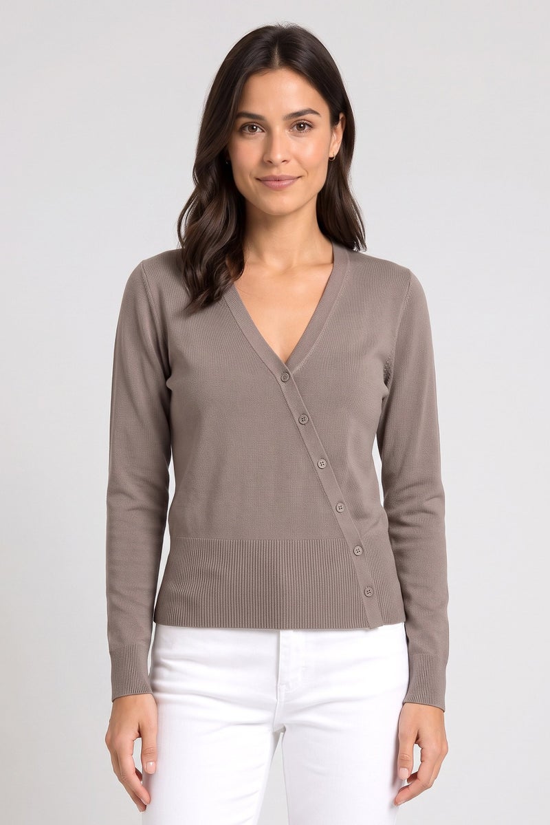 Threadbare Women V Neck Long Sleeve Knitted Cardigans, Brown - Image 1
