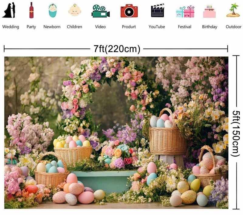 HMTFOTO 7x5ft Easter Backdrop Colorful Eggs Flowes Floral Background for Kids Newborns Birthday Parties Baby Showers Photo Booth Studio Props - Image 2