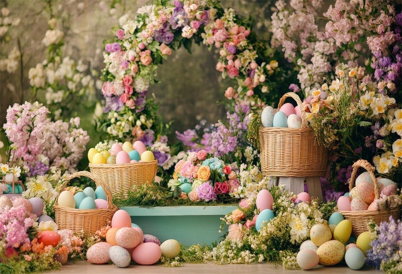 HMTFOTO 7x5ft Easter Backdrop Colorful Eggs Flowes Floral Background for Kids Newborns Birthday Parties Baby Showers Photo Booth Studio Props - Image 1