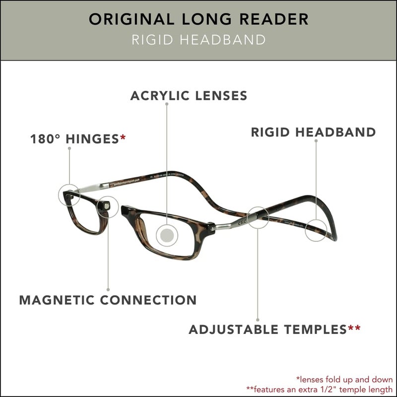 CliC Magnetic Reading Glasses, Computer Readers, Replaceable Lens, Original Long, (M-L, Tortoise, 1.25 Magnification) - Image 4