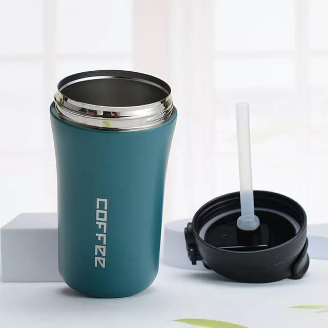 daiDokoro 400ML Dual Drink Vacuum Insulated Tea Coffee Tumbler Flask | Stainless Steel Travel Mug with Silicon Straw Lock Sip Lid | Hot & Cold Beverage Container - Castleton Green - Image 2