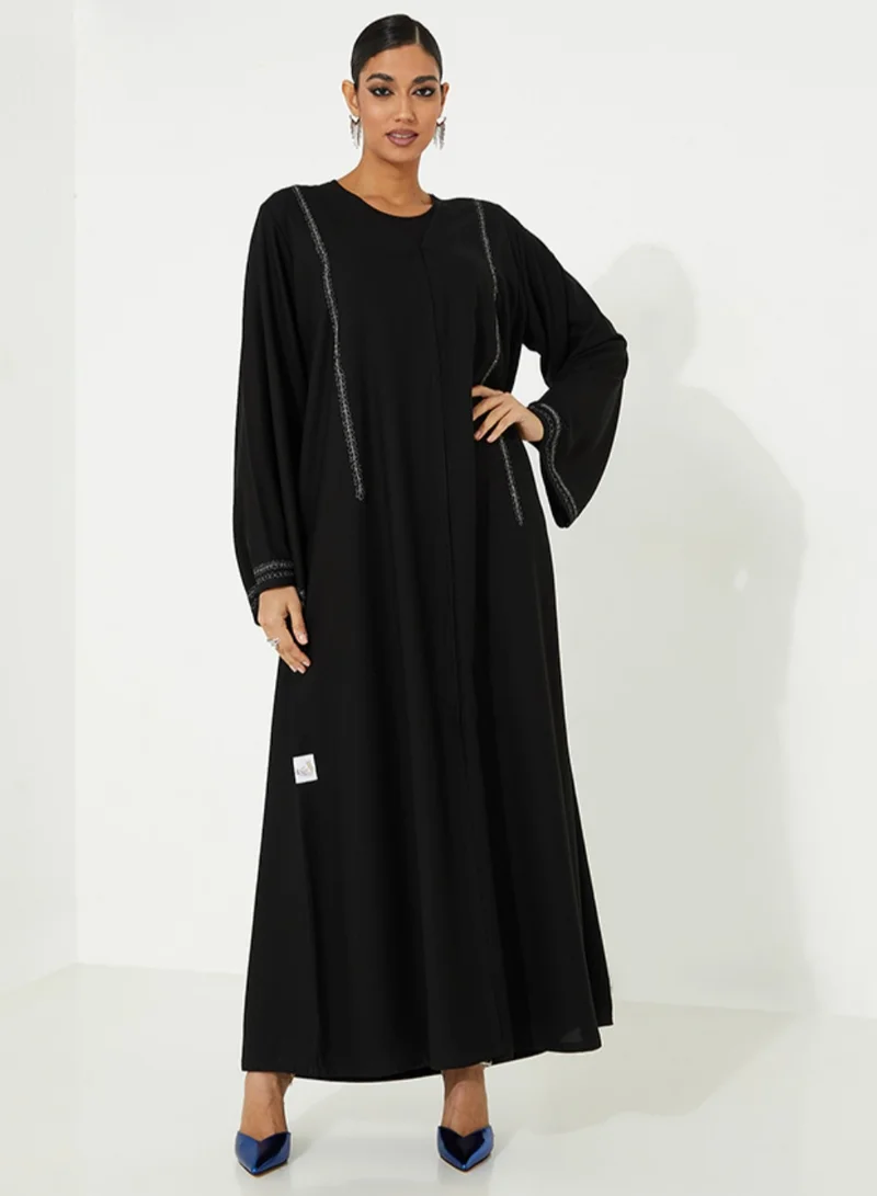 Black open Abaya with Simple silver stitching Design