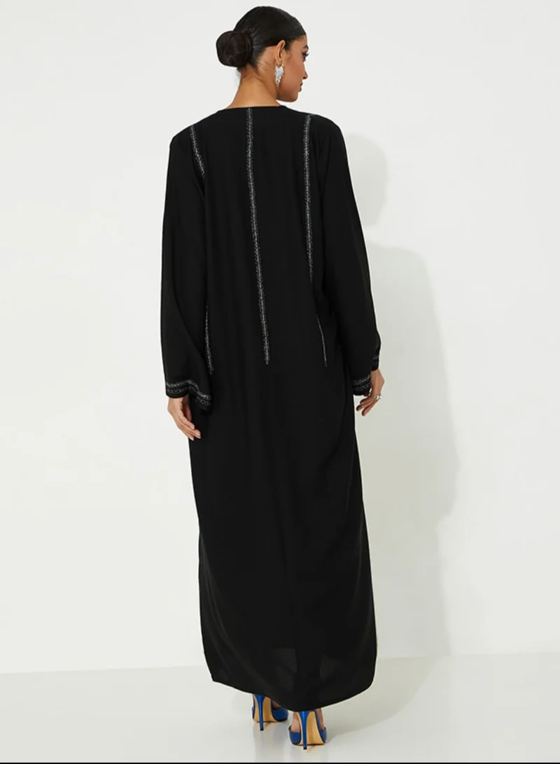 روزيت عباية عباءة سوداء مفتوحة بتصميم بسيط تطريز فضي