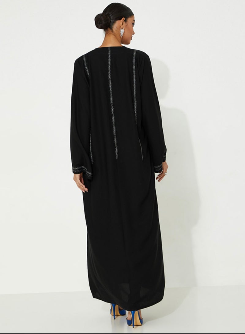 روزيت عباية عباءة سوداء مفتوحة بتصميم بسيط تطريز فضي - Image 2