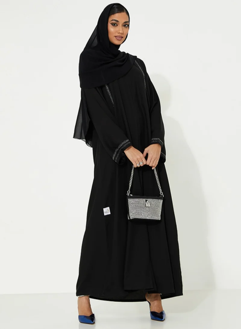 Rosette Abaya  Black open Abaya with Simple silver stitching Design for Women | Best Price UAE