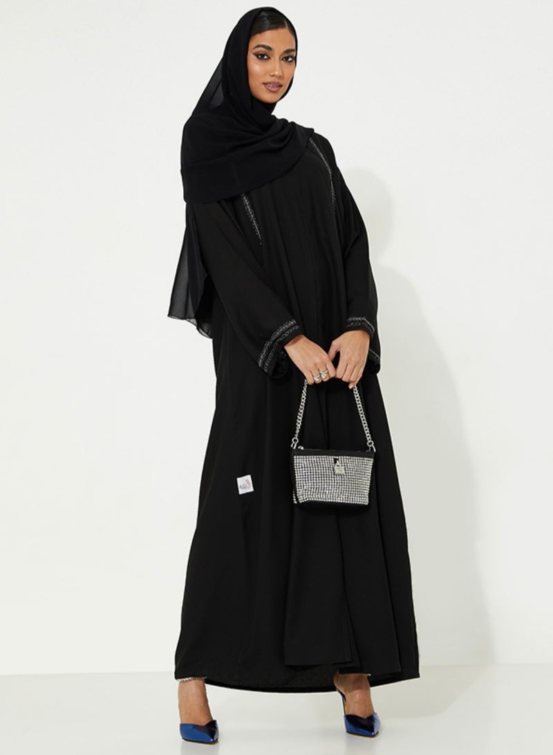 روزيت عباية عباءة سوداء مفتوحة بتصميم بسيط تطريز فضي - Image 3