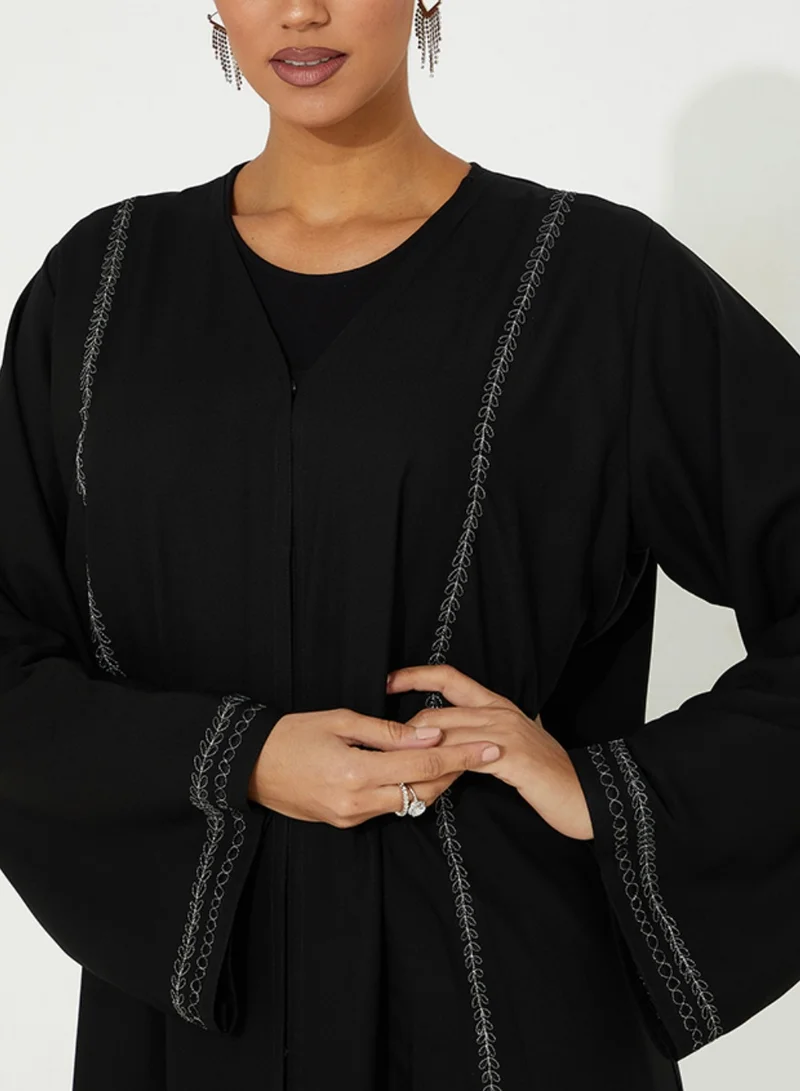Rosette Abaya  Black open Abaya with Simple silver stitching Design for Women | Best Price UAE