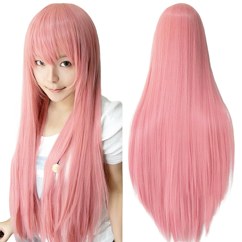 IMISSU 80cm Long Straight Natural Hair Cosplay Wigs with Bangs Colorful Halloween Costume Party Wig for Women (Pink) - Image 1