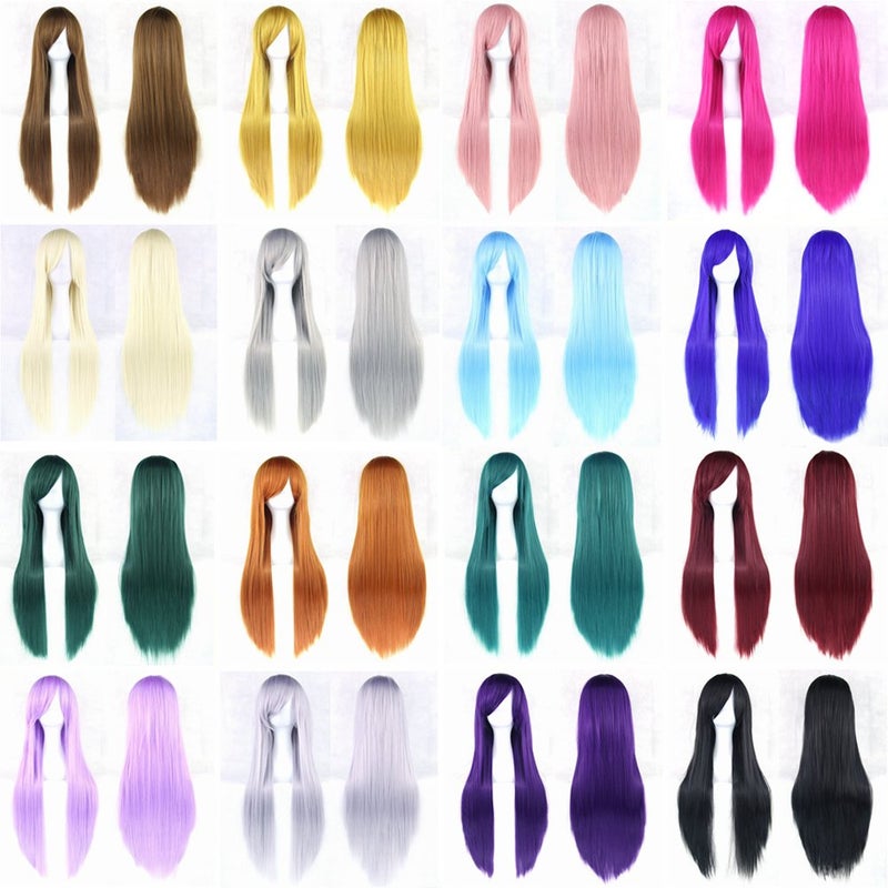 IMISSU 80cm Long Straight Natural Hair Cosplay Wigs with Bangs Colorful Halloween Costume Party Wig for Women (Pink) - Image 4