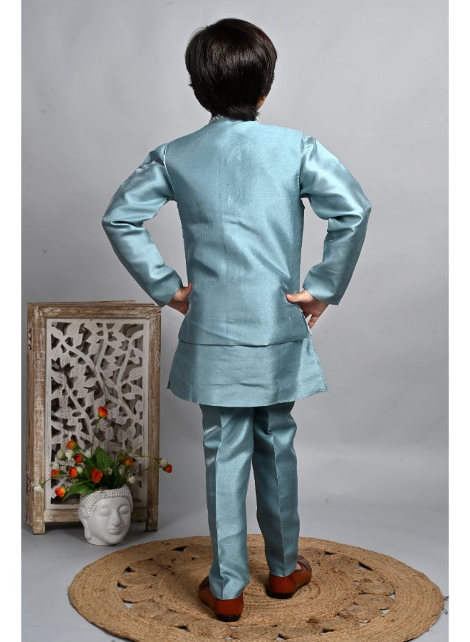 BT DEZINES Teal Blue Kurta Pyjama Set for Boys - Image 2