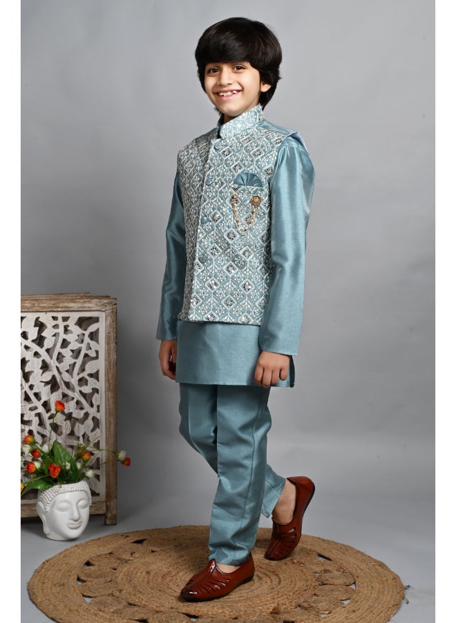 BT DEZINES Teal Blue Kurta Pyjama Set for Boys - Image 3
