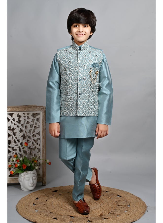 BT DEZINES Teal Blue Kurta Pyjama Set for Boys - Image 1