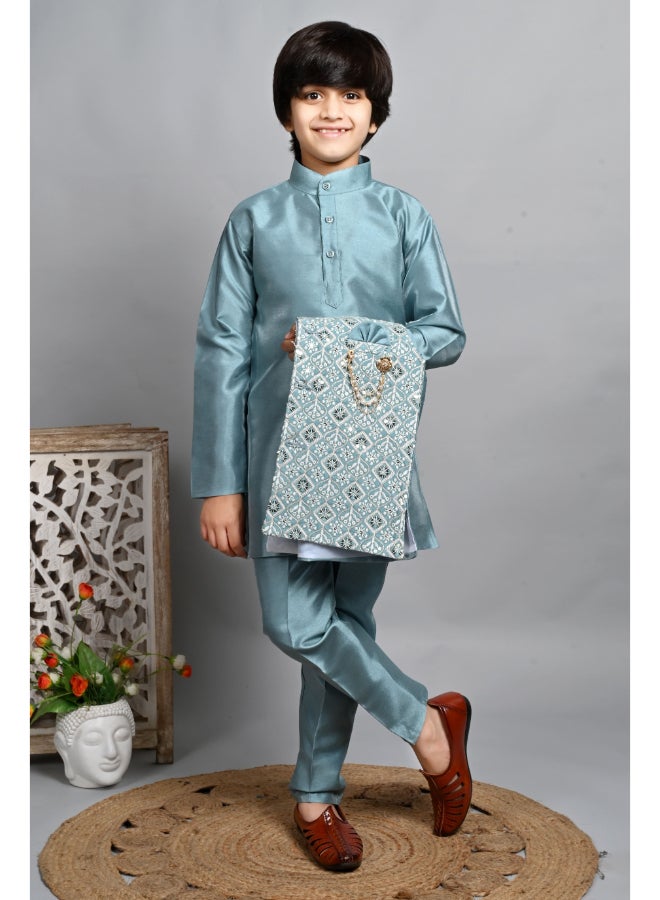 BT DEZINES Teal Blue Kurta Pyjama Set for Boys - Image 4