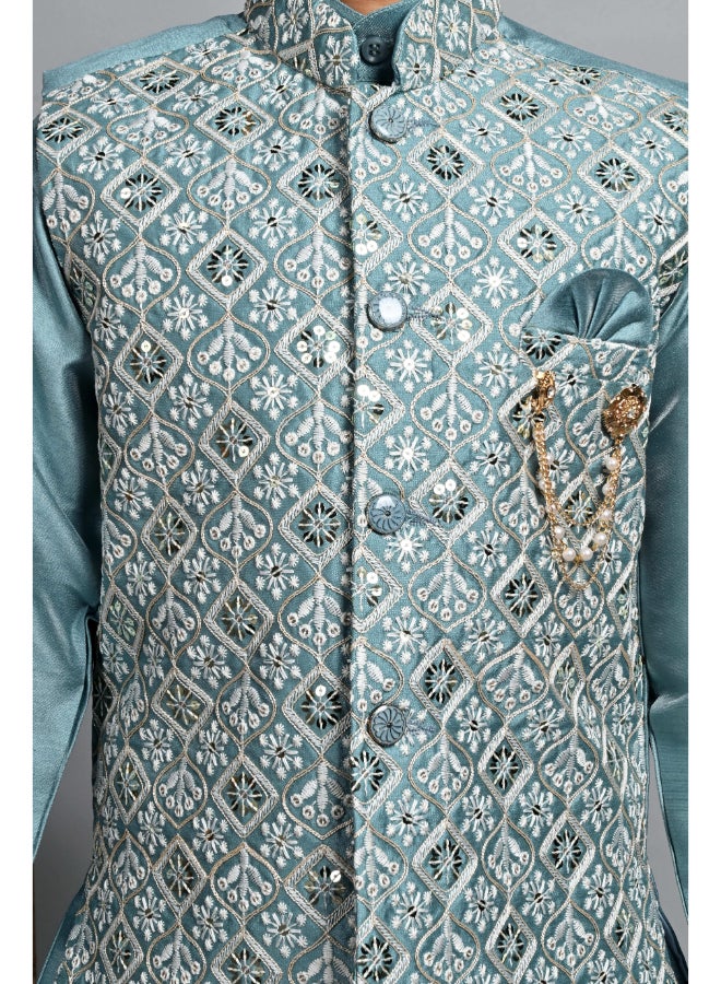 BT DEZINES Teal Blue Kurta Pyjama Set for Boys - Image 5