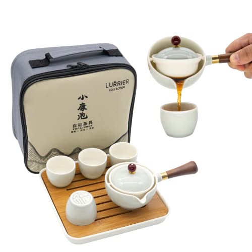 LURRIER Porcelain Chinese Gongfu Tea Set,Portable Teapot Set with 360 Rotation Tea maker and Infuser,Portable All in One Gift Bag for Travel,Home,Gifting,Outdoor and Office (Cyan Grey) - Image 1