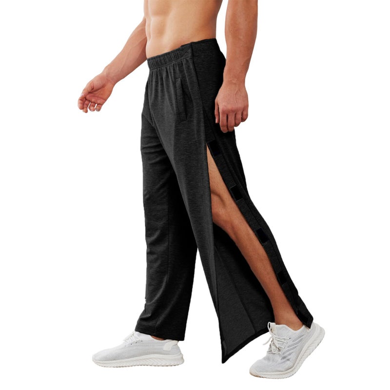 Deyeek Men's Tear Away Pants 2 Side Snap Open Bottom Sweatpants Loose Fit Casual Post Surgery Pants with Pockets Black - Image 1
