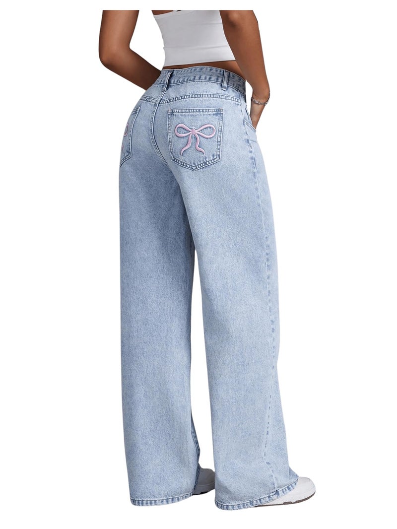 Floerns Women's Bowknot Embroidery Jeans Y2k Straight Leg Boyfriend Denim Pants Light Wash - Image 1