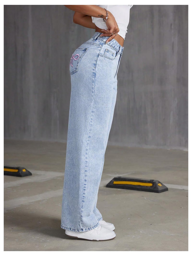 Floerns Women's Bowknot Embroidery Jeans Y2k Straight Leg Boyfriend Denim Pants Light Wash - Image 4