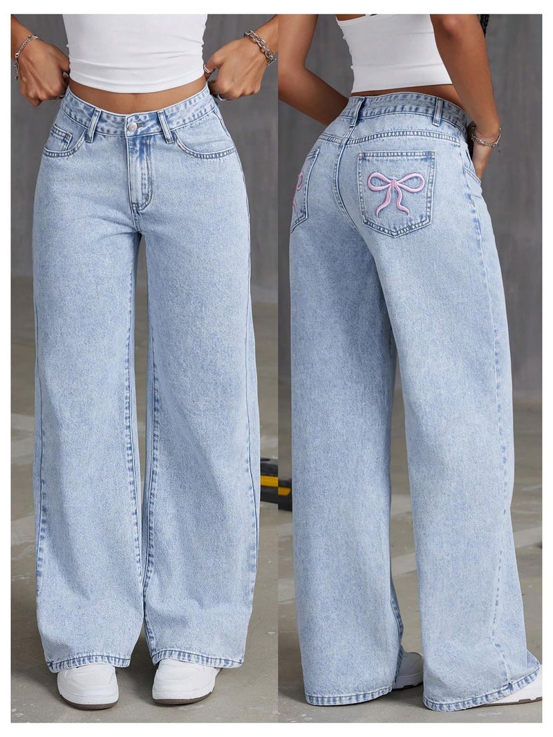 Floerns Women's Bowknot Embroidery Jeans Y2k Straight Leg Boyfriend Denim Pants Light Wash - Image 3