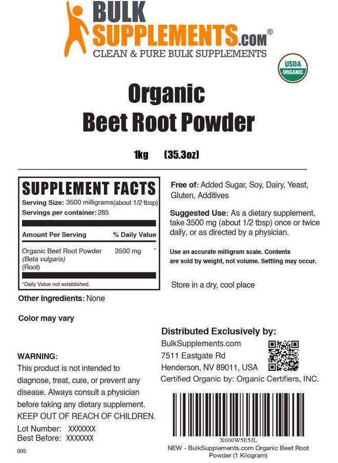 BulkSupplements - .com Organic Beet Root Powder - Superfood Supplement, Beet Root Supplements - Vegan & Gluten Free, 3.5g per Serving, 1kg (2.2 lbs) (Pack of 1) - Image 1