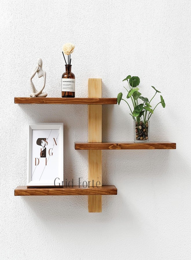 GRID FORTE Wood 3 Tier Floating Shelf, Large Minimalist Wall Shelves, Mid Century Modern Furniture, Art Deco, Plant Rock Crystal Shelving for Bedroom Living Room Office Bathroom - Image 2