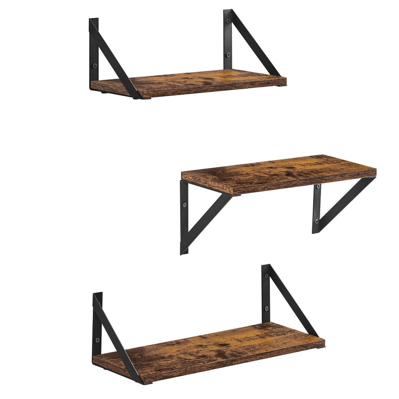 VASAGLE Set of 3 Wall Shelves Floating Shelves for Trinkets Photo Frames Spice Bottles Toiletries in the Living Room Bedroom Kitchen Bathroom Rustic Brown and Black LWS442B01