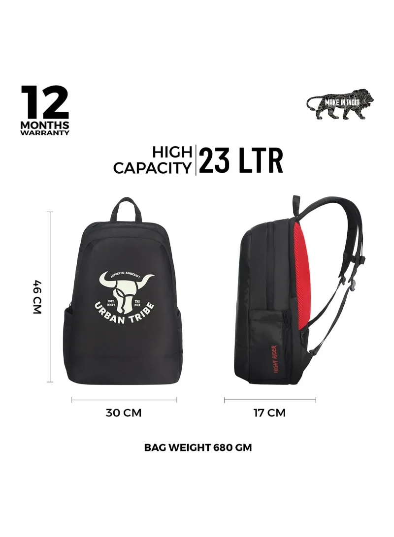 URBAN TRIBE URBAN TRIBE Night Rider 15.6 Inch Laptop Backpack for Men & Women | 23 L Smart Black Casual Backpack | Glow In Dark Multi Pocket & Water Repellent, Black, M, Authentic