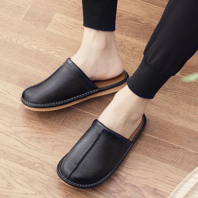 JOOFAN Menâ€™s Genuine Cowhide Leather Slippers, Breathable Leather Soft Smooth Sole Bedroom Flat Shoes House Slippers Indoor Outdoor (Black, 10-11, Adult, Men, 10, Numeric, US Footwear Size System, Medium) - Image 2