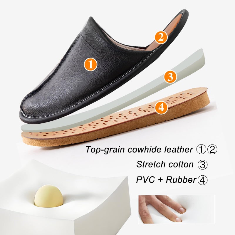 JOOFAN Menâ€™s Genuine Cowhide Leather Slippers, Breathable Leather Soft Smooth Sole Bedroom Flat Shoes House Slippers Indoor Outdoor (Black, 10-11, Adult, Men, 10, Numeric, US Footwear Size System, Medium) - Image 4