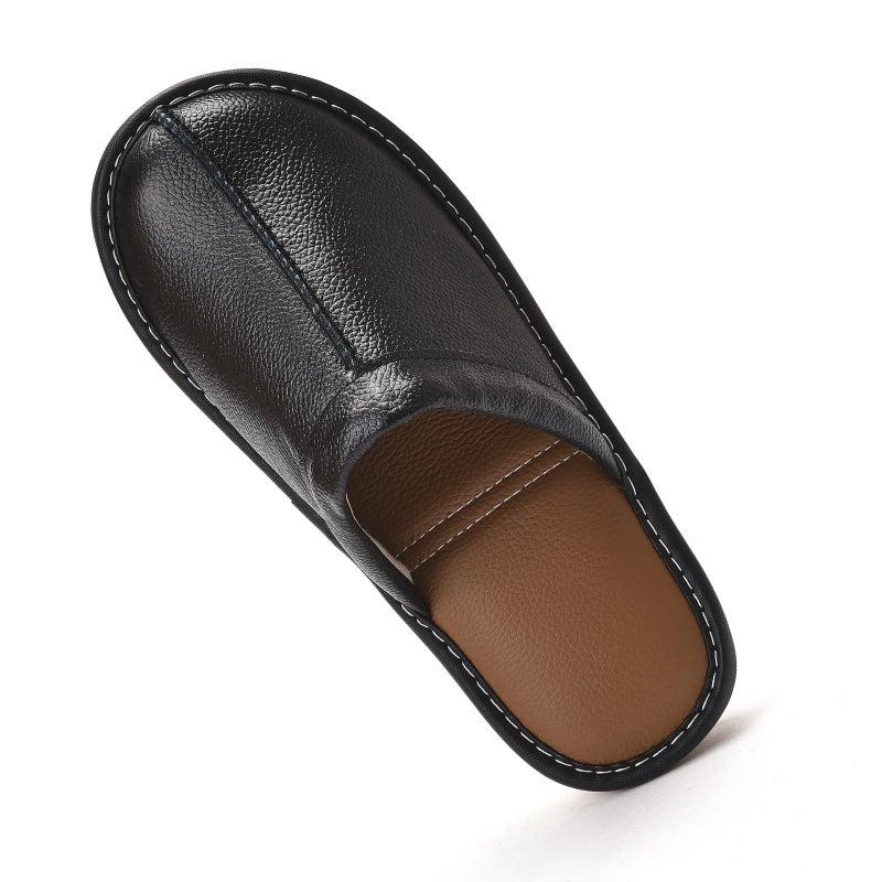 JOOFAN Menâ€™s Genuine Cowhide Leather Slippers, Breathable Leather Soft Smooth Sole Bedroom Flat Shoes House Slippers Indoor Outdoor (Black, 10-11, Adult, Men, 10, Numeric, US Footwear Size System, Medium) - Image 1