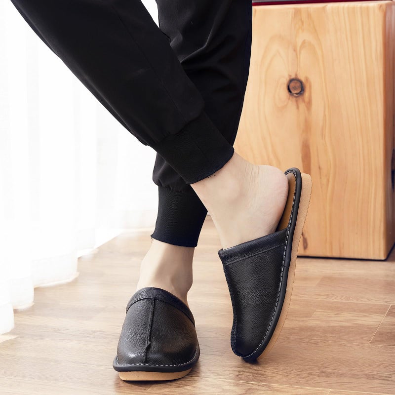 JOOFAN Menâ€™s Genuine Cowhide Leather Slippers, Breathable Leather Soft Smooth Sole Bedroom Flat Shoes House Slippers Indoor Outdoor (Black, 10-11, Adult, Men, 10, Numeric, US Footwear Size System, Medium) - Image 3