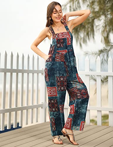 Himosyber Women's Patchwork Dual Pocket Jumpsuit Loose Floral Print Bohemian Wide Leg Bib Overall (#1TealBlue, M) - Image 4