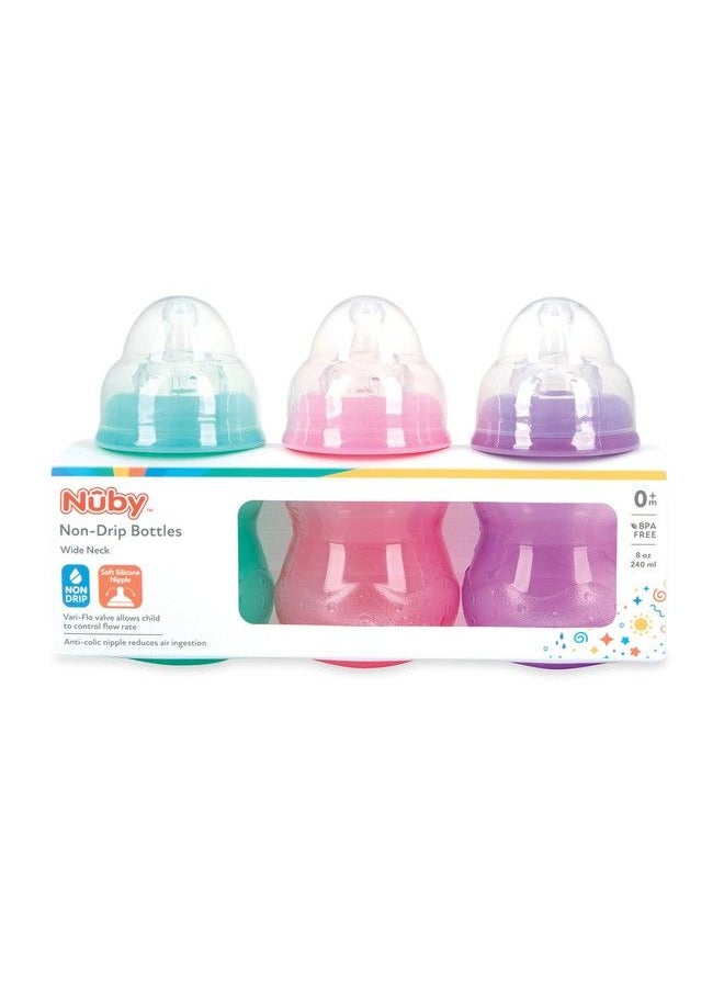 Nuby - Pack Of 2 Non-drip Wide Neck 8Oz Variflow Bottles Soft Silicone Nipples Bpa Free 0+M Aqua Pink Purple - Image 1