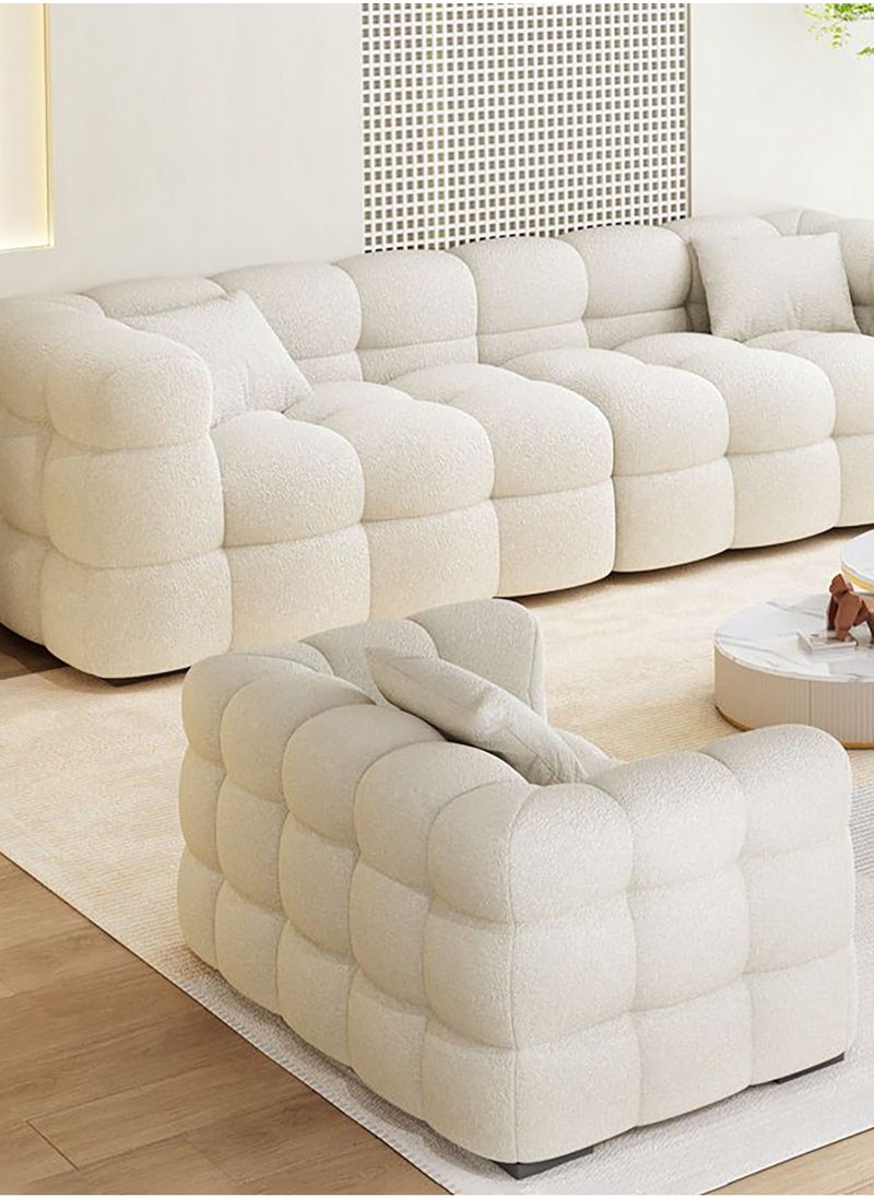 Merry Moments 3 Seater Sofa Modern Sofa White Sofa White Bouclé Upholstered Sofa Curly Oatmeal White for Living Room Reception Office Airbnb with 3-Piece Filled Cushion Set L200xH65xW80 cm  - Image 3