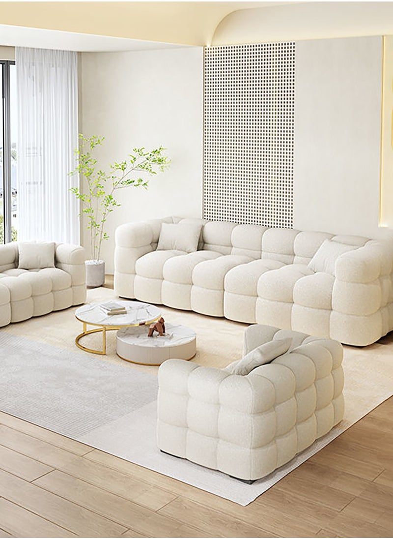 Merry Moments 3 Seater Sofa Modern Sofa White Sofa White Bouclé Upholstered Sofa Curly Oatmeal White for Living Room Reception Office Airbnb with 3-Piece Filled Cushion Set L200xH65xW80 cm  - Image 5