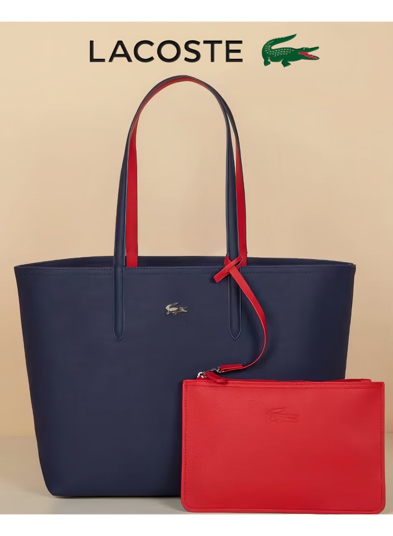 لاكوست حقيبة يد نسائية من لاكوست مزدوجة الجوانب، بلونين، سعة كبيرة، عصرية ومتعددة الاستخدامات، باللون الأزرق الداكن والأحمر - Image 1