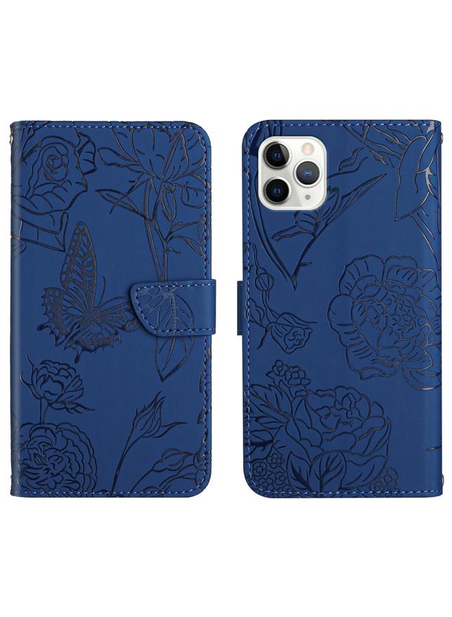 زبون جراب هاتف iPhone 11 Pro مصنوع من الجلد المنقوش بنقشة زهور الفاوانيا على شكل فراشة - Image 1