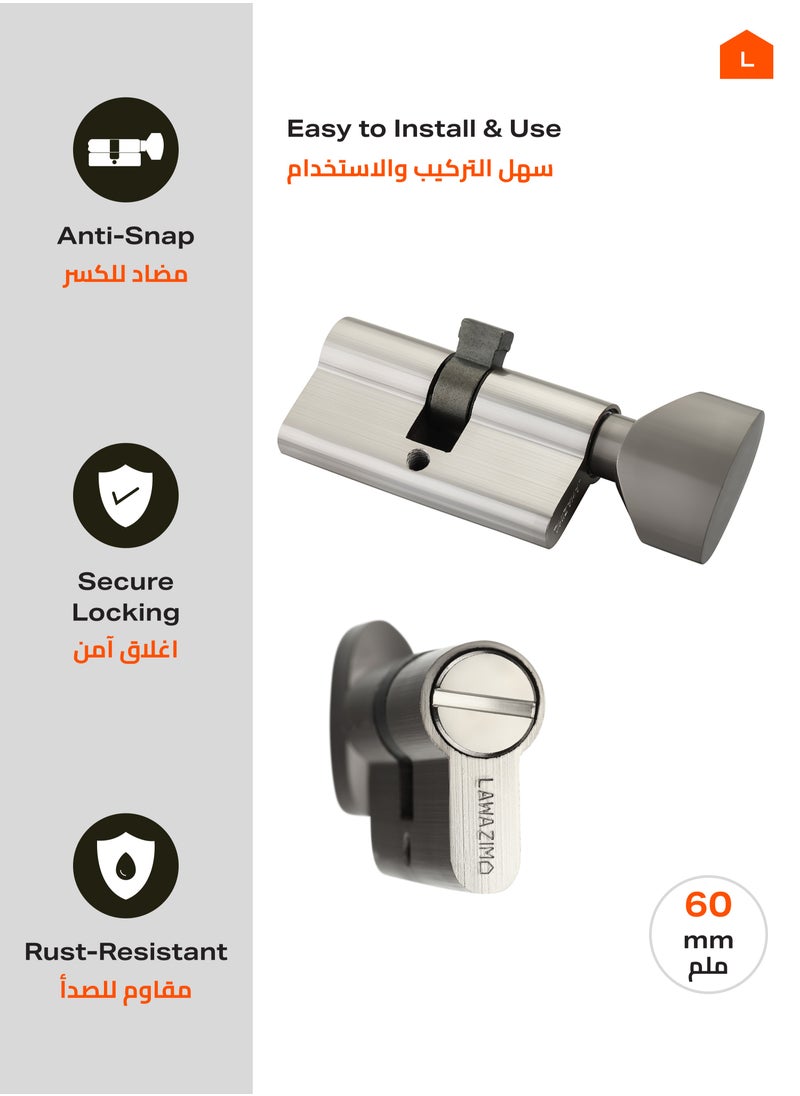 LAWAZIM Thumbturn Cylinder Lock with Handle Set of 3 - 60mm, Matte Silver - Steel Keyless and Latch Operation for Interior Doors, Bathrooms, Wooden, Metal Doors with Anti-Snap, Anti-Pick, Anti-Drill  - Image 2